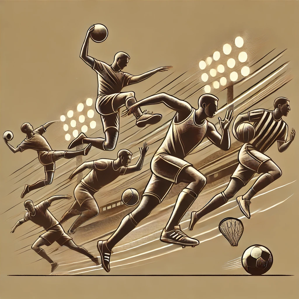 Illustration of athletes mid-action, playing soccer, basketball, and football, showcasing intensity, agility, and competition under stadium lights.