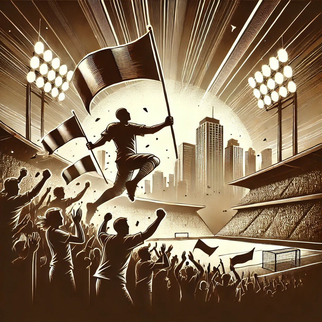 Illustration of sports fans in a stadium, waving flags and cheering enthusiastically, capturing the excitement of game day.