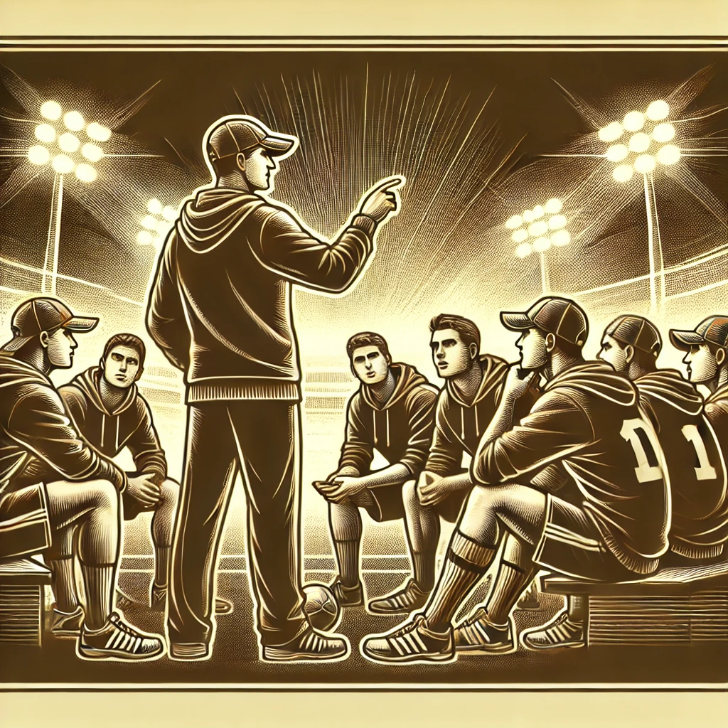 Illustration of a coach strategizing with athletes before a game, highlighting teamwork, preparation, and focus in a sports setting.